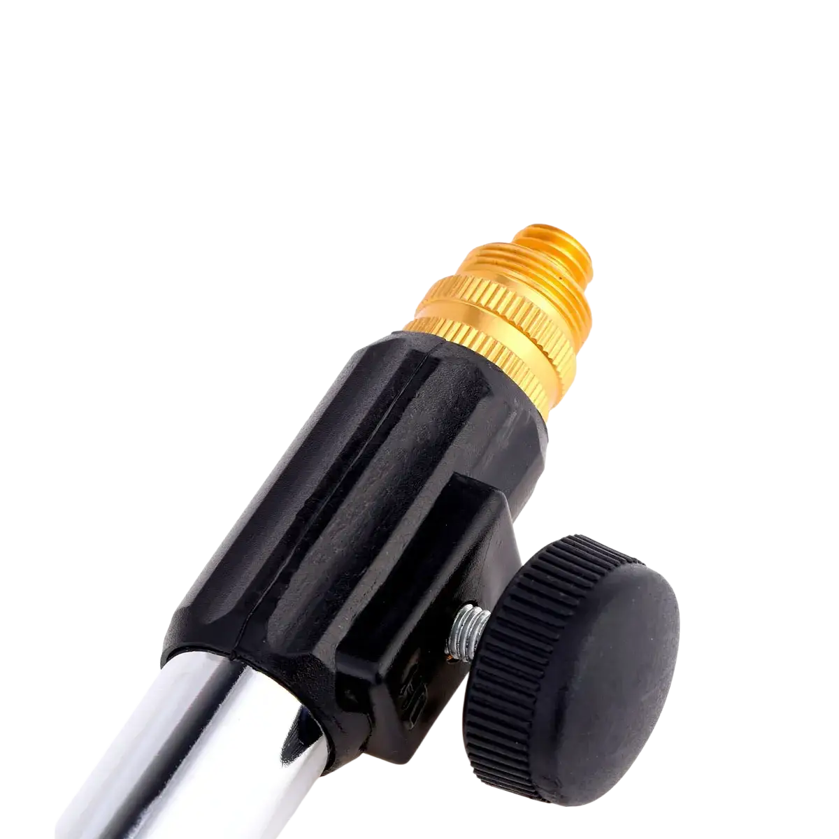 Adjustable desktop microphone stand tabletop mount with black plastic knob gold threaded connector and metallic pole