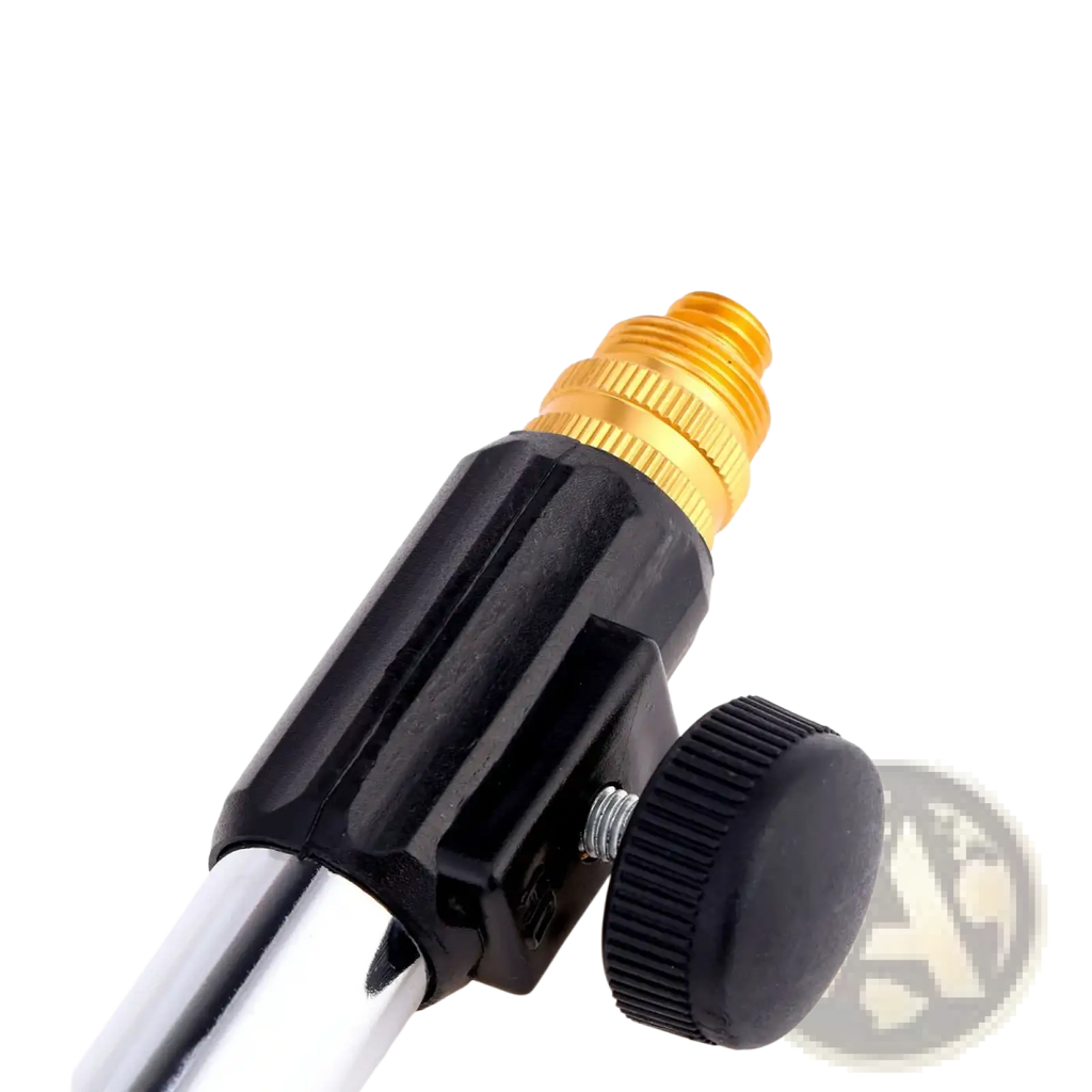 Adjustable desktop microphone stand tabletop mount with black plastic knob gold threaded connector and metallic pole