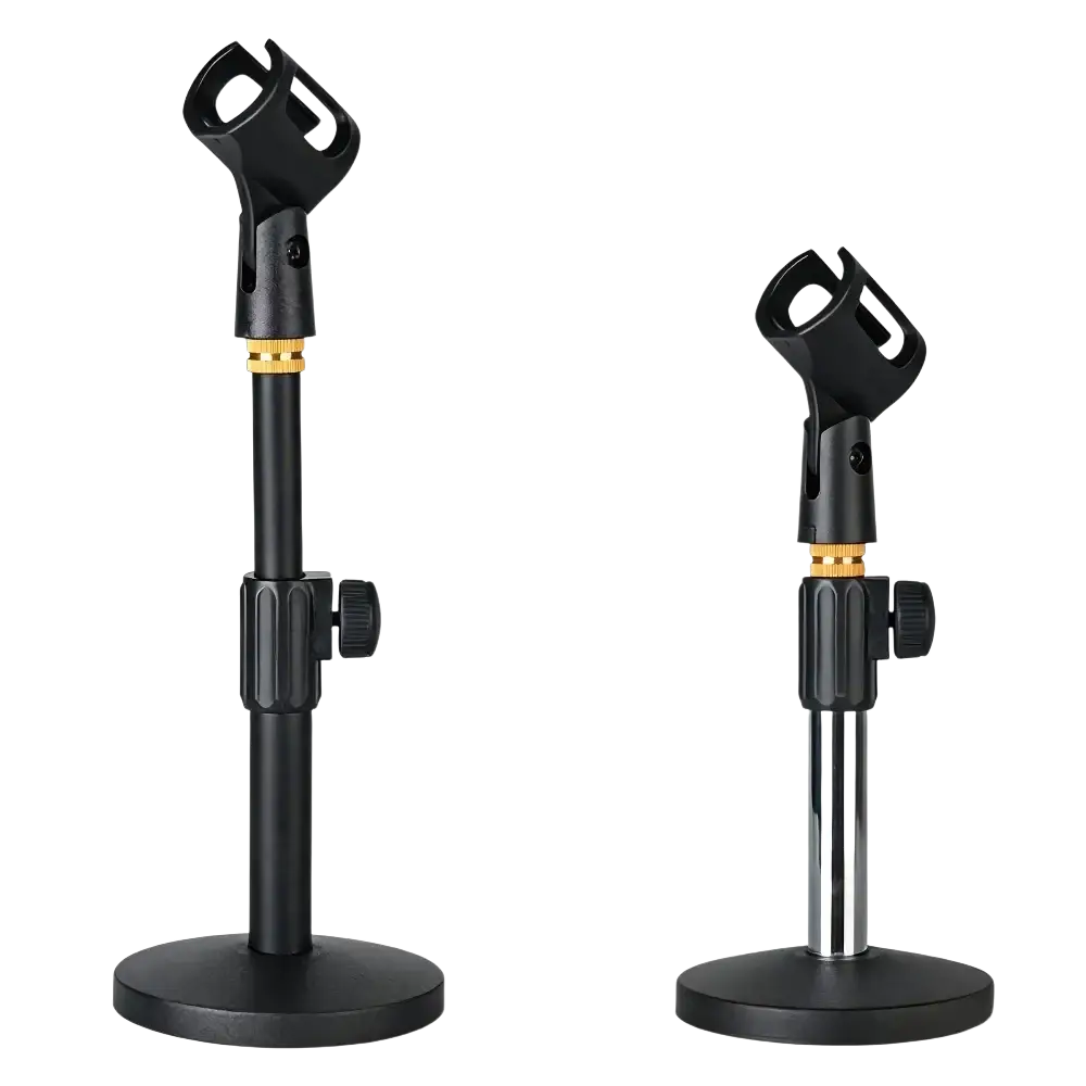 Adjustable desktop microphone stand tabletop mount in matte black with gold joint and adjustable base available in chrome finish