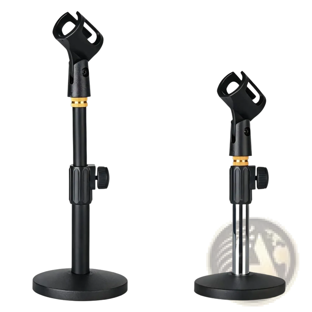 Adjustable desktop microphone stand tabletop mount in matte black with gold joint and adjustable base available in chrome finish