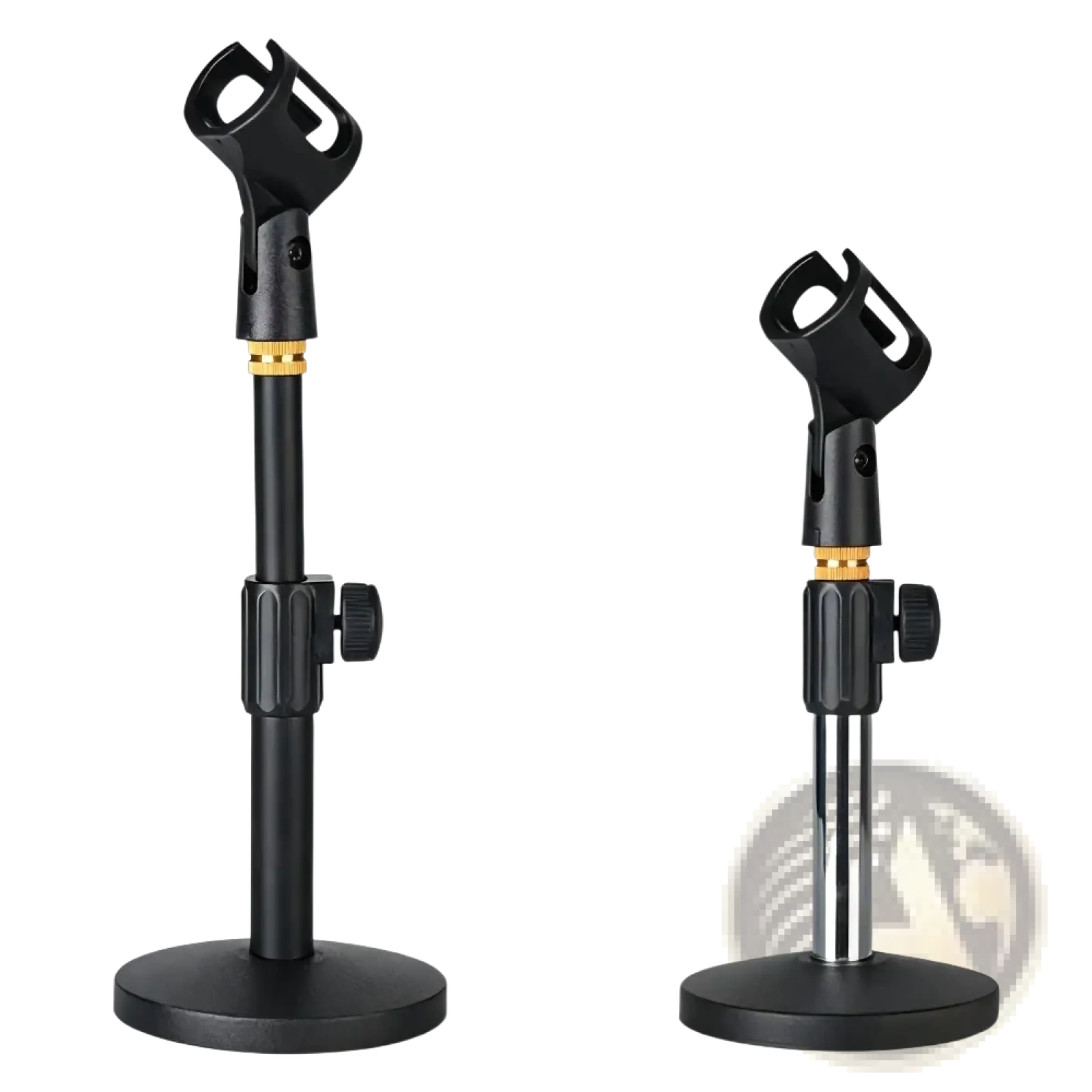 Adjustable desktop microphone stand tabletop mount in matte black with gold joint and adjustable base available in chrome finish