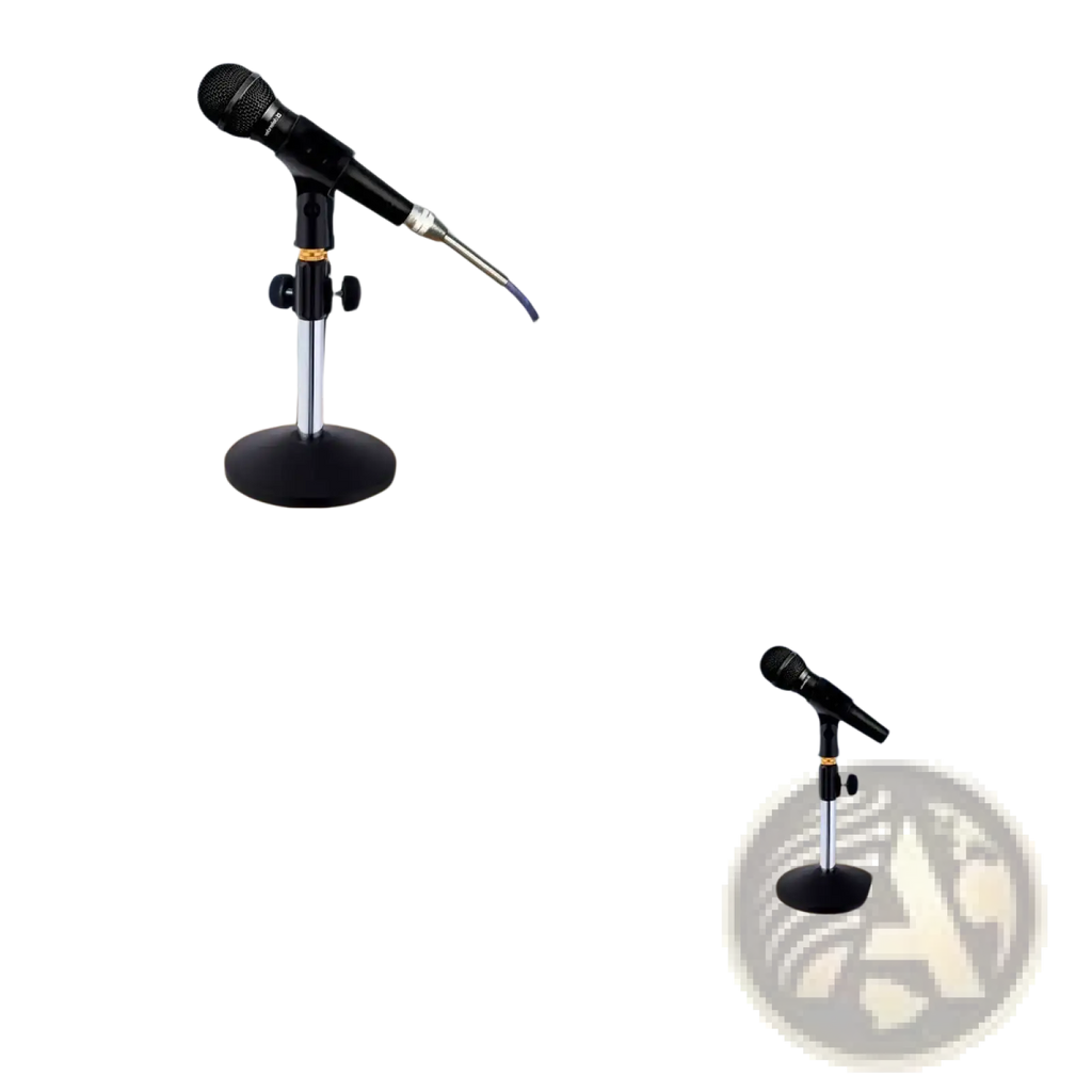 Black microphone mounted on an adjustable desktop microphone stand with silver accents for tabletop use