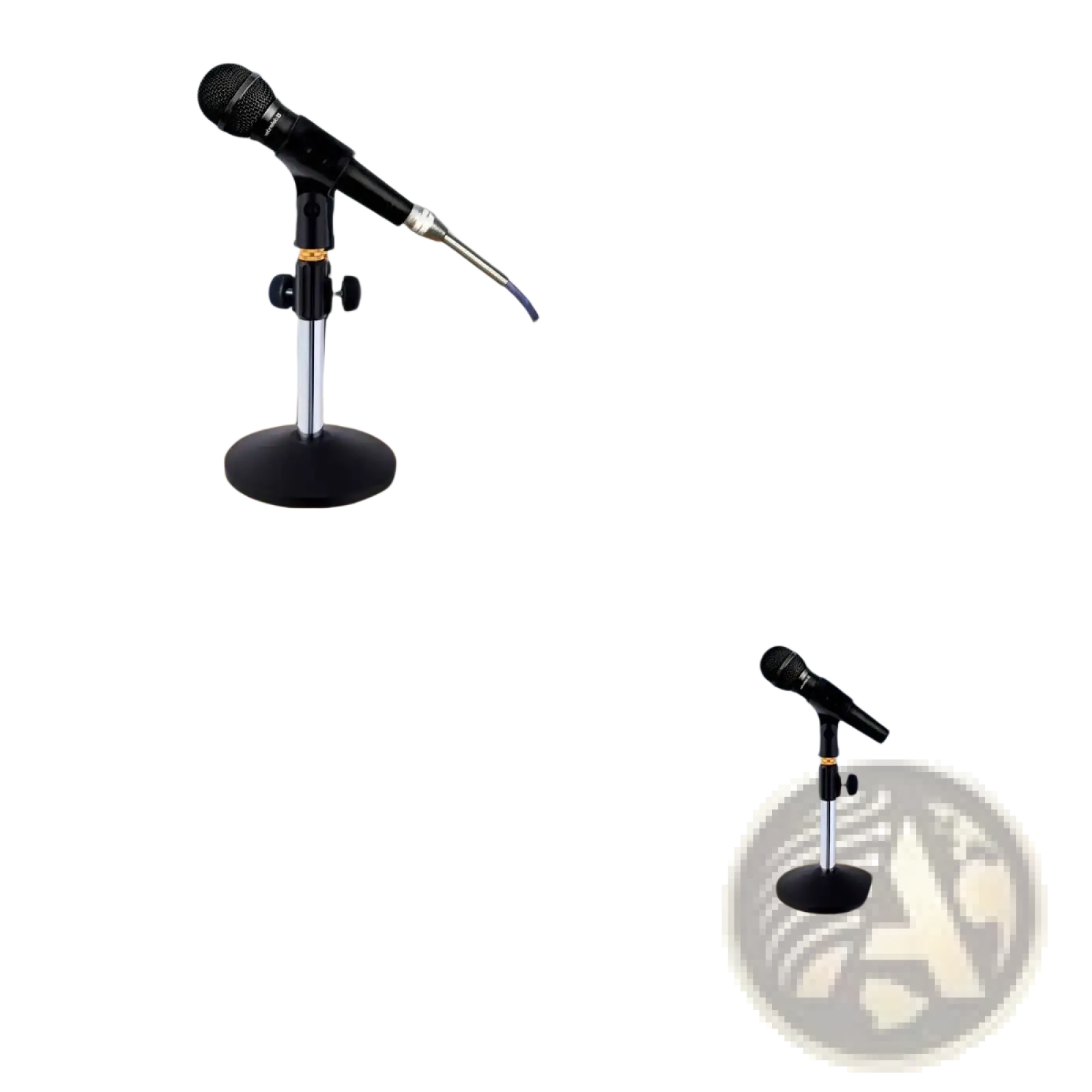 Black microphone mounted on an adjustable desktop microphone stand with silver accents for tabletop use