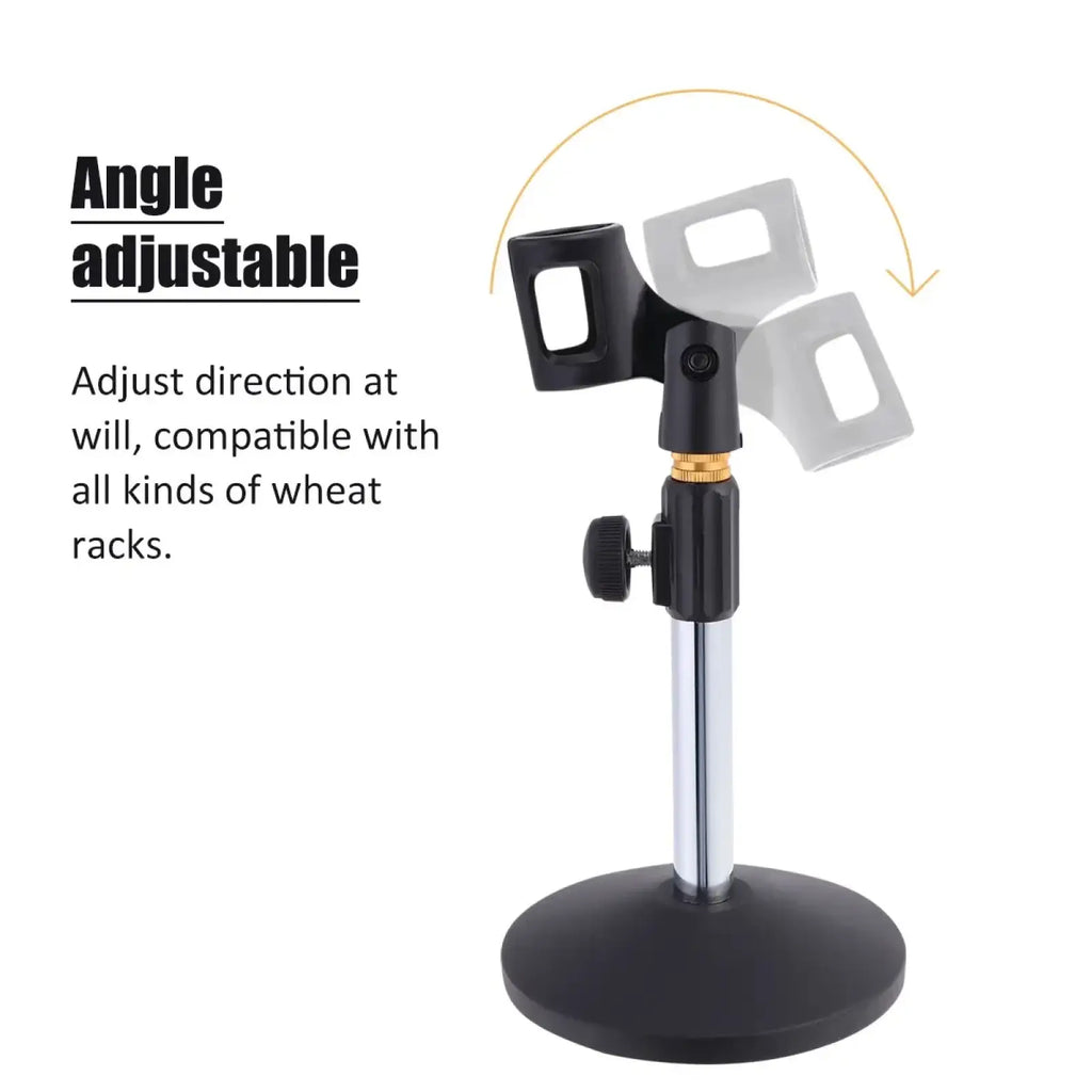 Adjustable desktop microphone stand tabletop mount in black and silver with gold joint for wheat rack compatibility