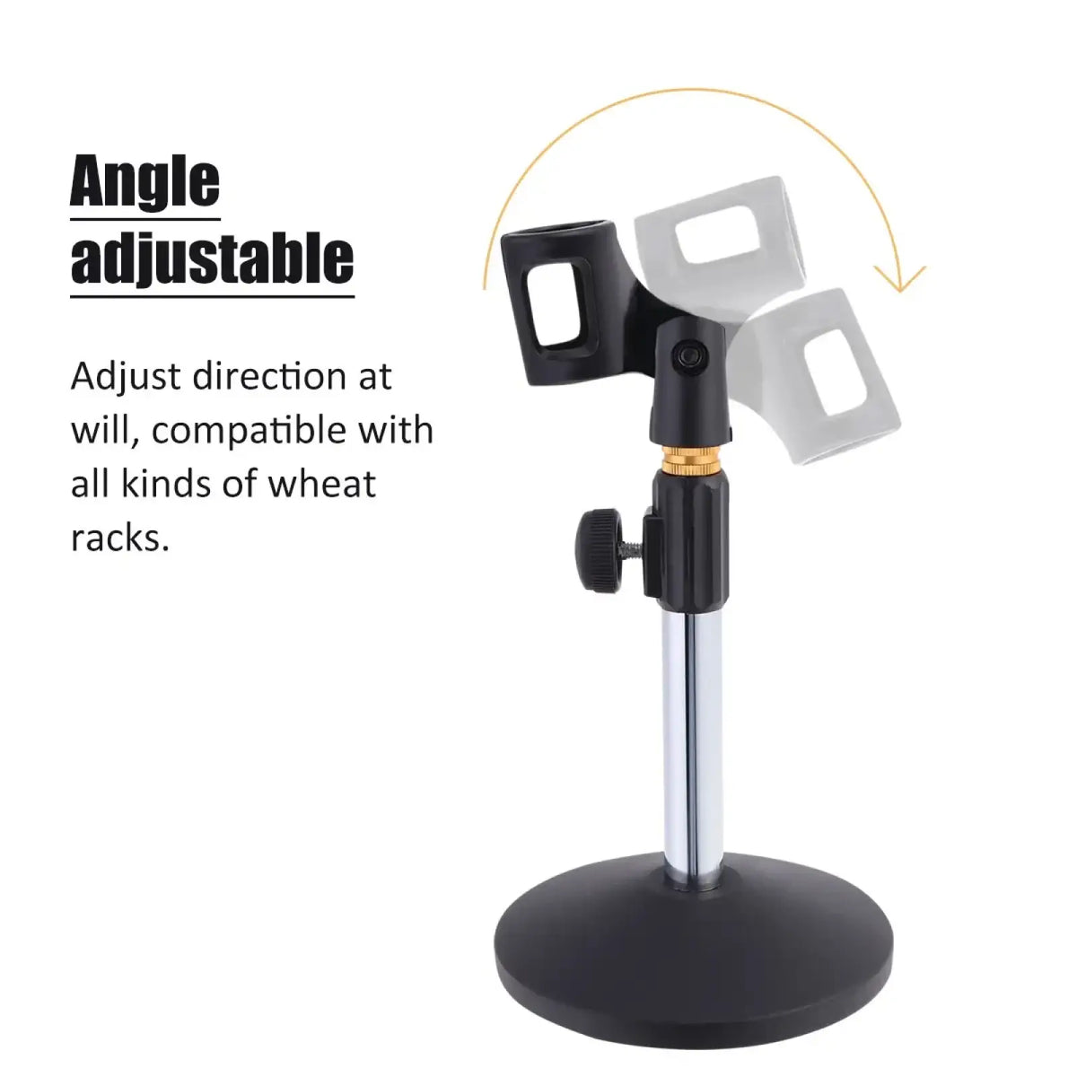 Adjustable desktop microphone stand tabletop mount in black and silver with gold joint for wheat rack compatibility