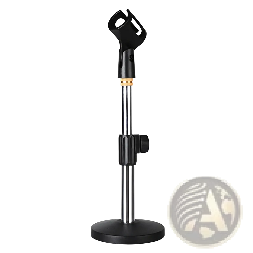 Adjustable desktop microphone stand with black base and chrome telescoping pole with adjustable clamp for tabletop use