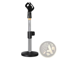 Adjustable desktop microphone stand with black base and chrome telescoping pole with adjustable clamp for tabletop use