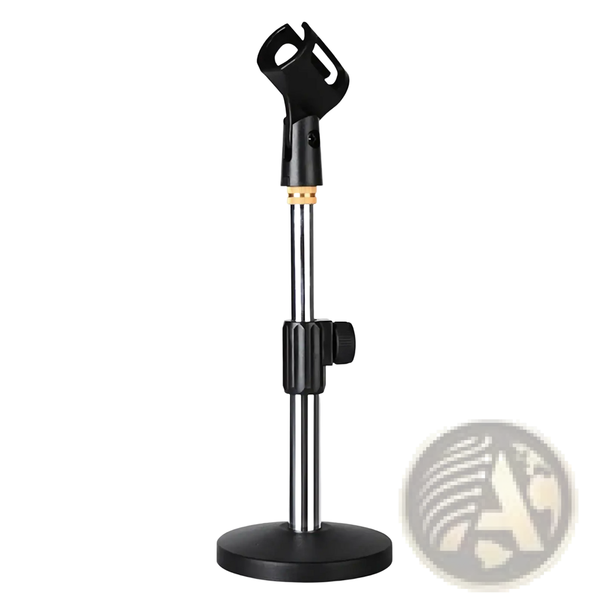 Adjustable desktop microphone stand with black base and chrome telescoping pole with adjustable clamp for tabletop use