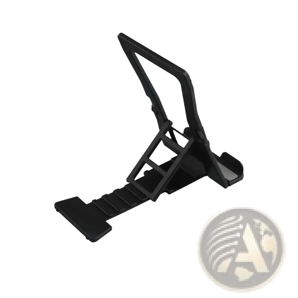 Black plastic adjustable desktop phone and tablet stand with clip-on base and adjustable angle for versatile use