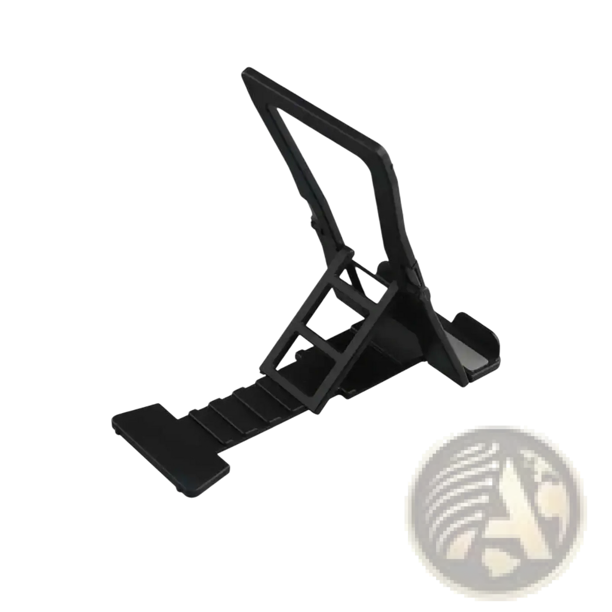 Black plastic adjustable desktop phone and tablet stand with clip-on base and adjustable angle for versatile use