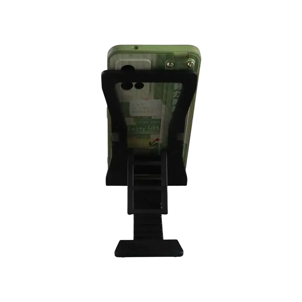 Black plastic adjustable desktop phone and tablet stand holding a green transparent smartphone case