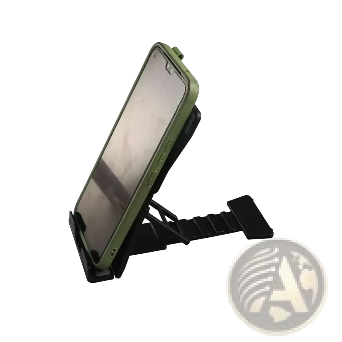 Adjustable desktop phone and tablet stand in black plastic foldable design holding smartphone with olive green case