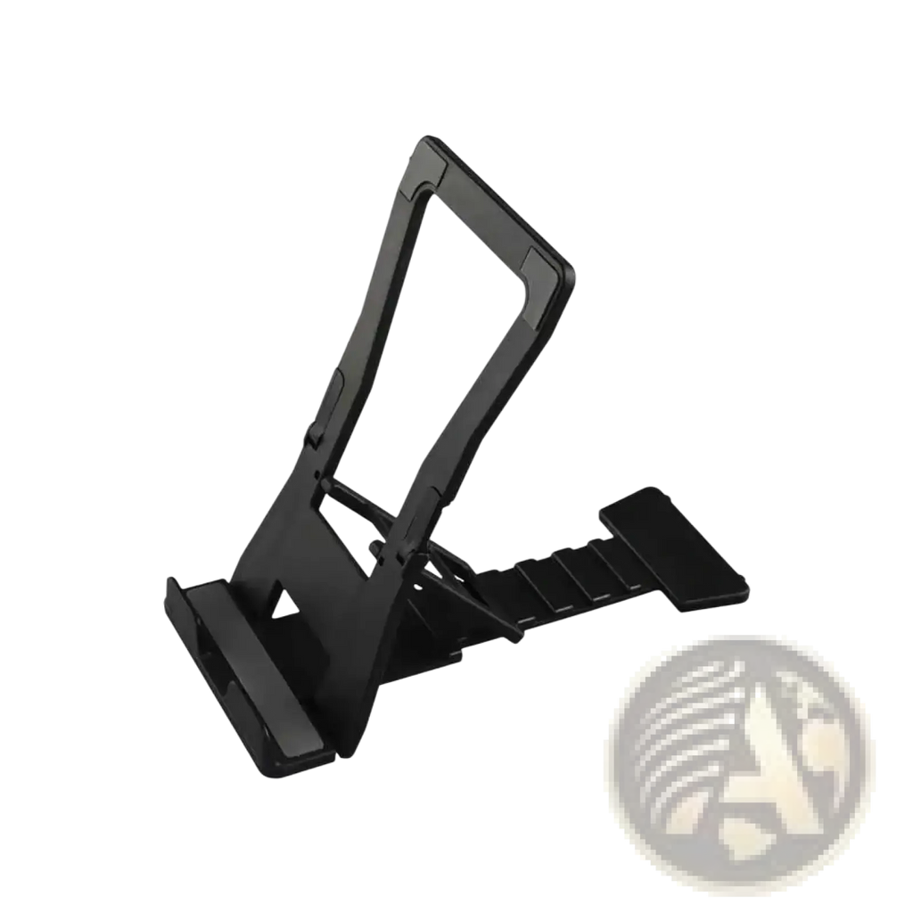 Black plastic foldable adjustable desktop phone and tablet stand with textured grip surfaces and adjustable angle