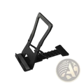 Black plastic foldable adjustable desktop phone and tablet stand with textured grip surfaces and adjustable angle