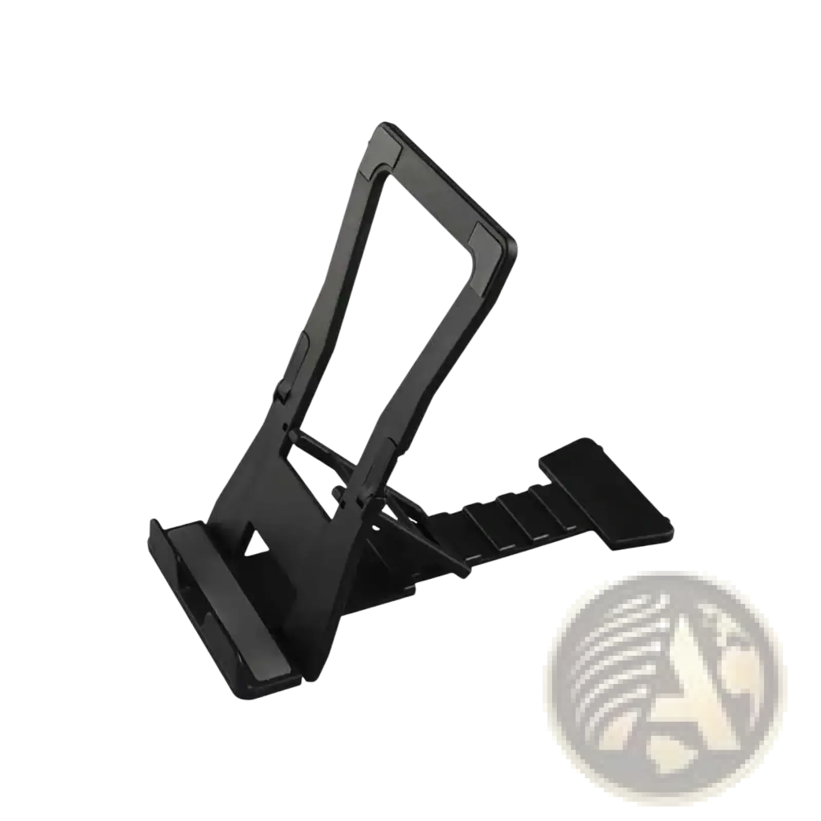 Black plastic foldable adjustable desktop phone and tablet stand with textured grip surfaces and adjustable angle