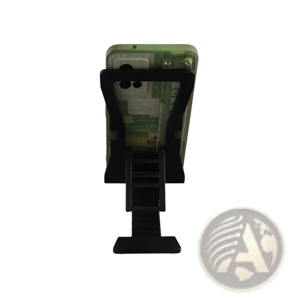 Black plastic adjustable desktop phone and tablet stand holding a green transparent smartphone case