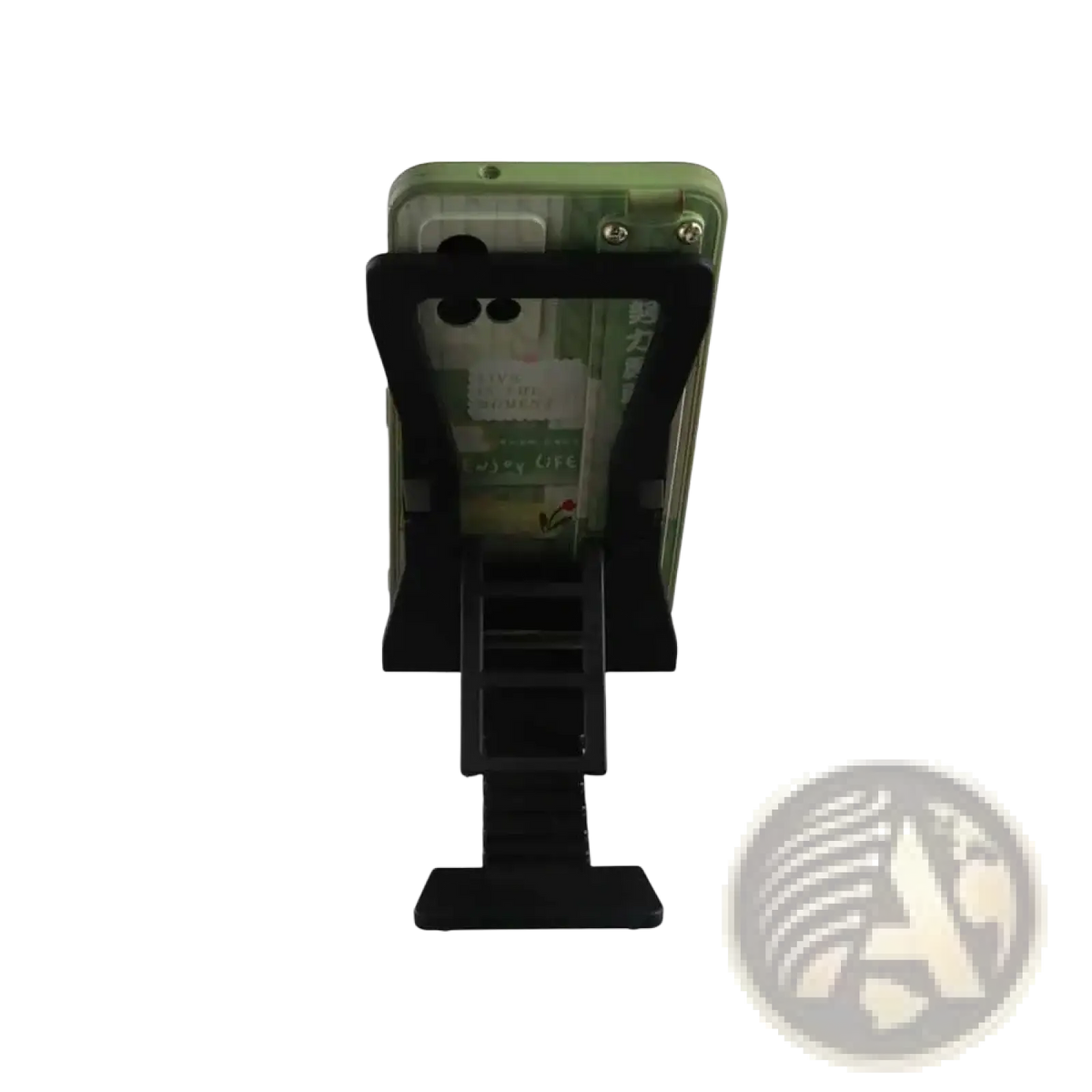 Black plastic adjustable desktop phone and tablet stand holding a green transparent smartphone case