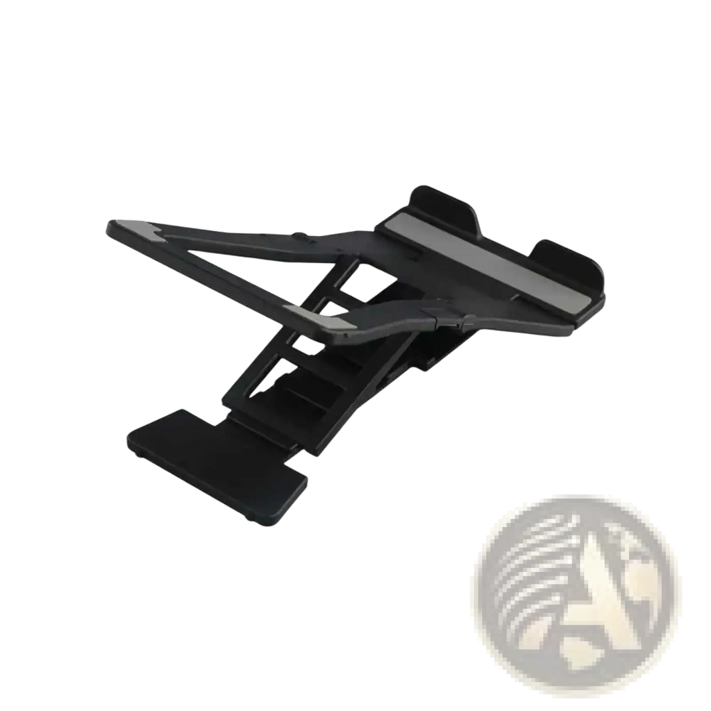 Black plastic adjustable desktop laptop stand with clip-on design and customizable angle for phone and tablet use