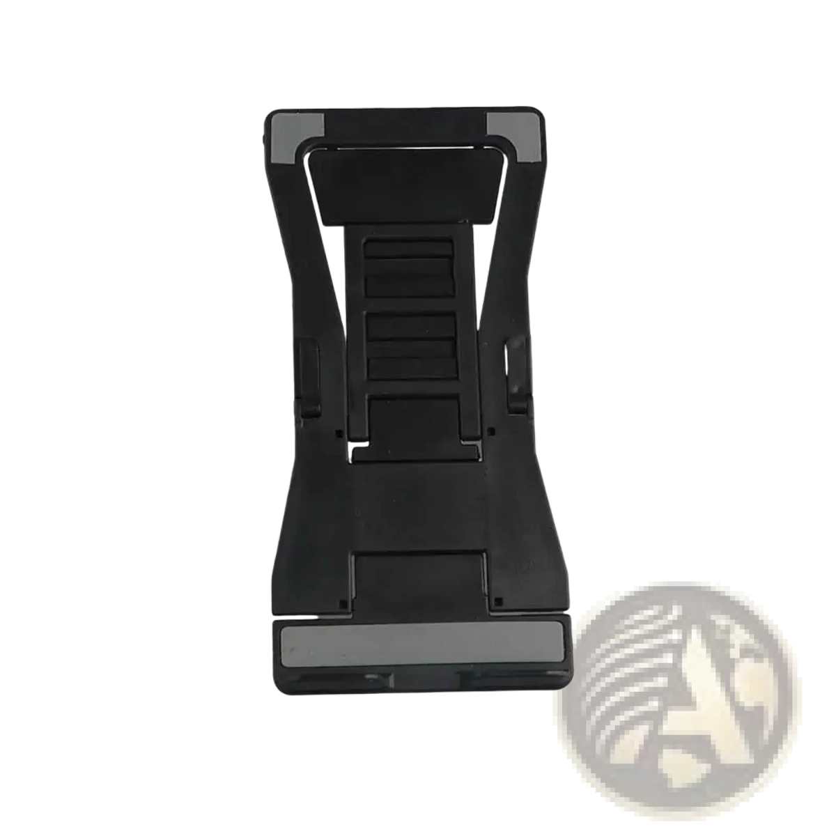 Black plastic adjustable desktop phone and tablet stand with gray rubberized grip pads on top and bottom