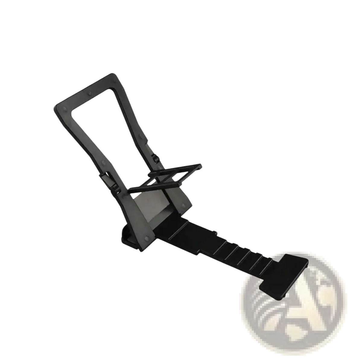 Black plastic adjustable desktop phone and tablet stand with angled support for optimal screen positioning