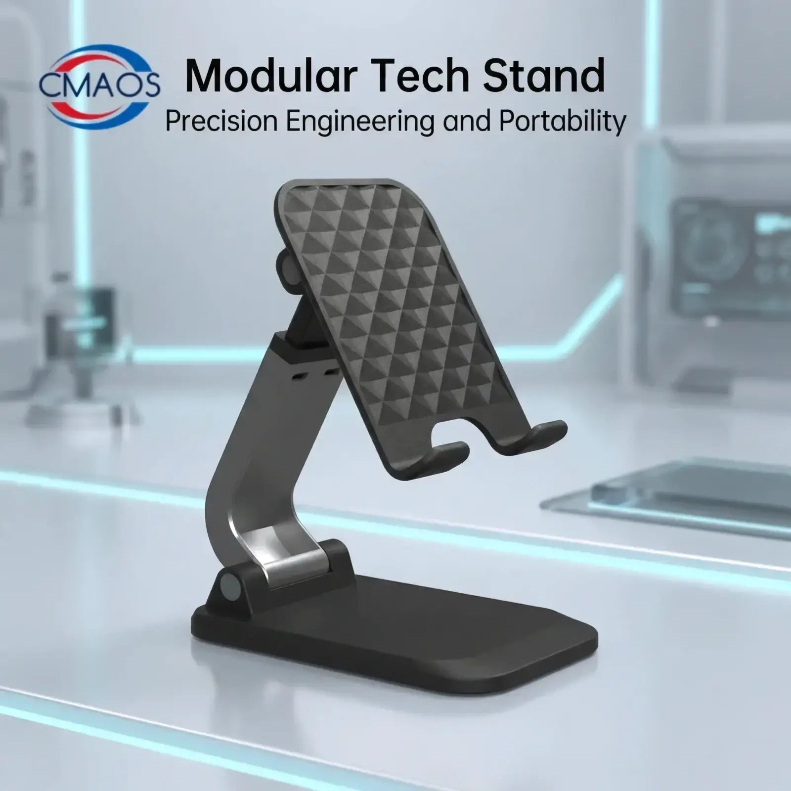 Adjustable desktop phone and tablet stand holder in black and silver with textured diamond-patterned grip surface