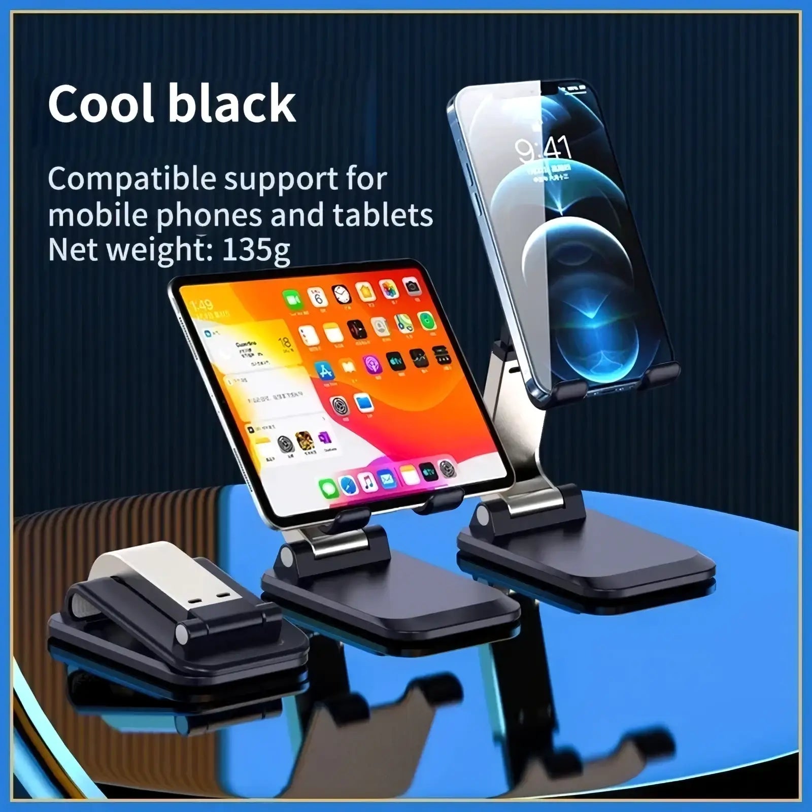 Adjustable desktop phone and tablet stand holder with cool black finish and sleek minimalist design with adjustable arms