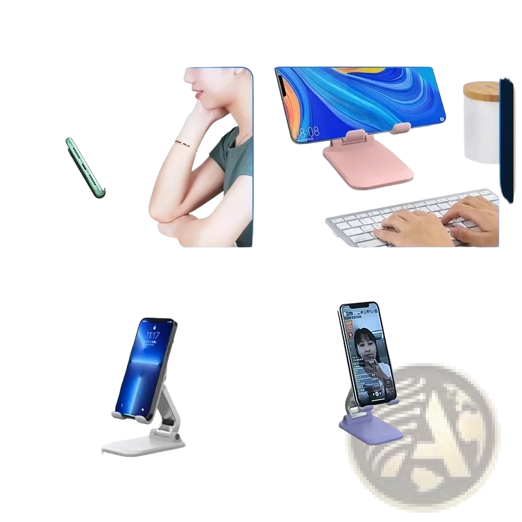 Adjustable desktop phone and tablet stand holder with sleek minimalist design and flexible arms for versatile use
