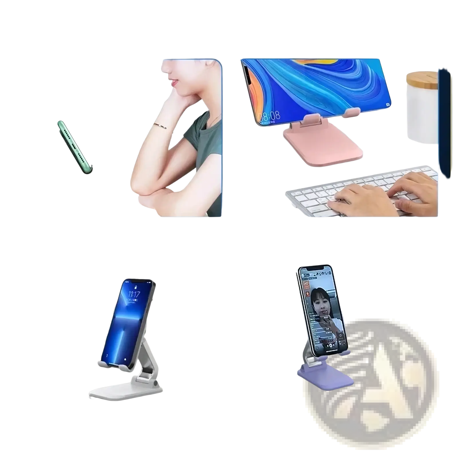 Adjustable desktop phone and tablet stand holder with sleek minimalist design and flexible arms for versatile use