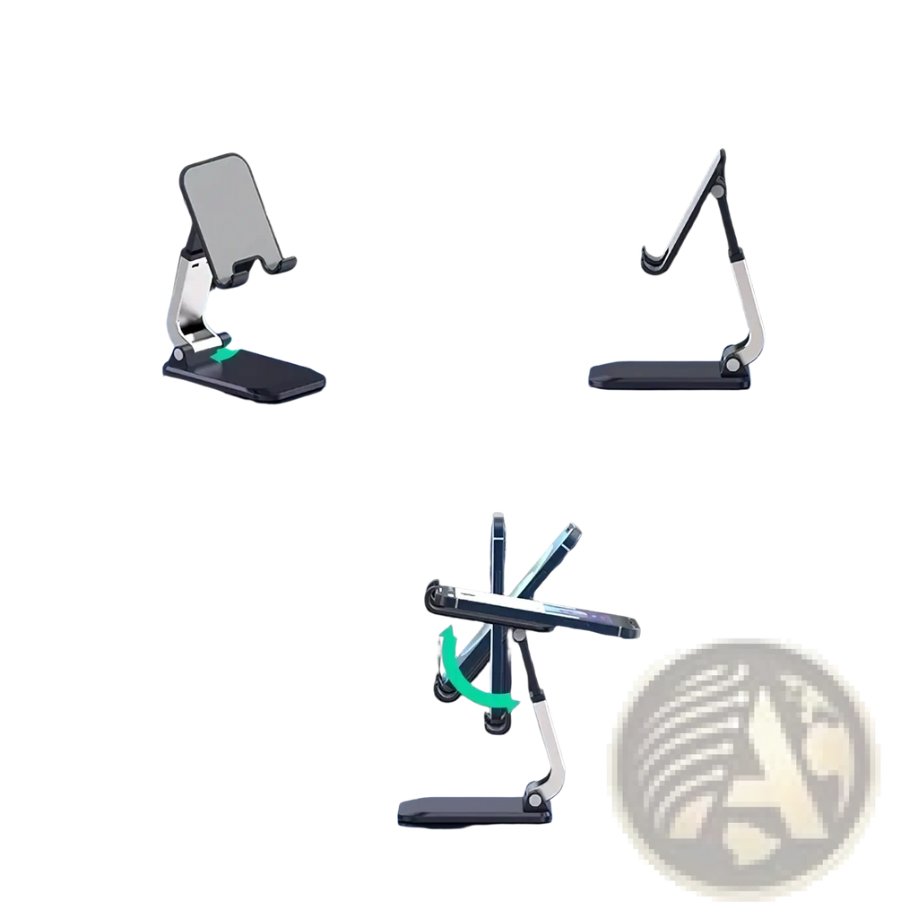 Adjustable desktop phone and tablet stand holder in silver metal with foldable and retractable design