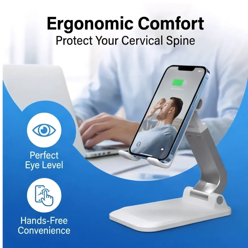 Adjustable desktop phone and tablet stand holder in silver and white with ergonomic adjustable arm for hands-free use