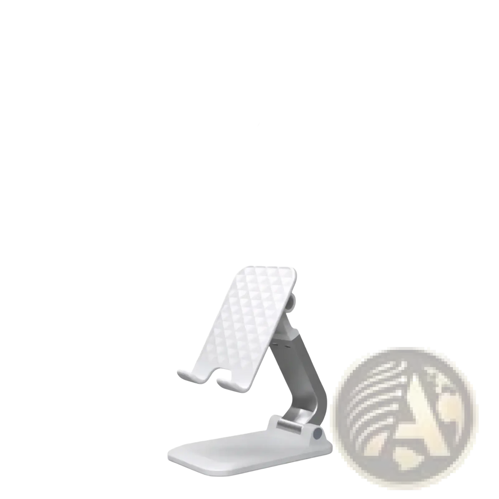 Adjustable desktop phone and tablet stand holder in white and gray with a textured grip surface and adjustable angles