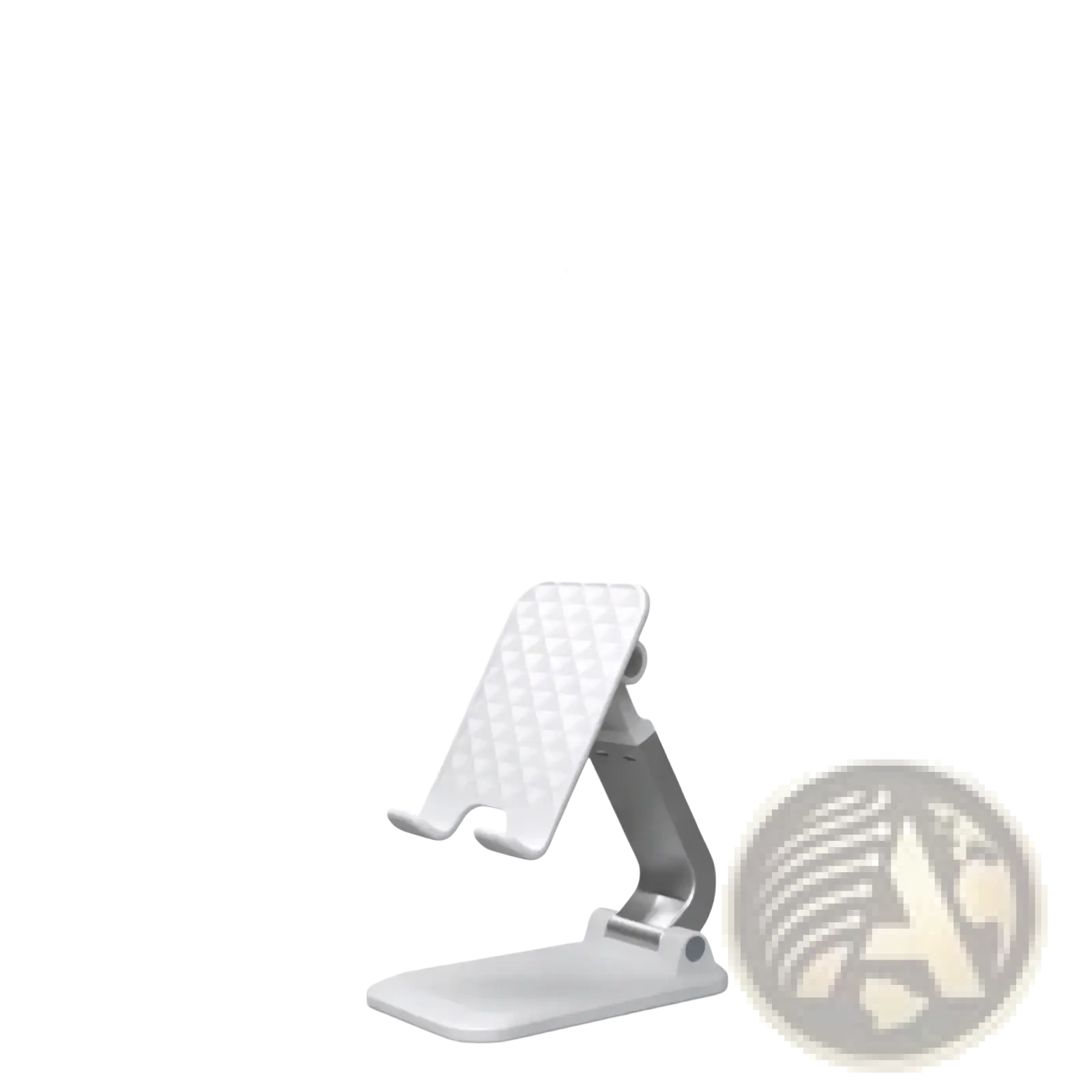 Adjustable desktop phone and tablet stand holder in white and gray with a textured grip surface and adjustable angles