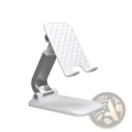 Adjustable desktop phone and tablet stand holder in white and silver with a textured diamond-patterned foldable design