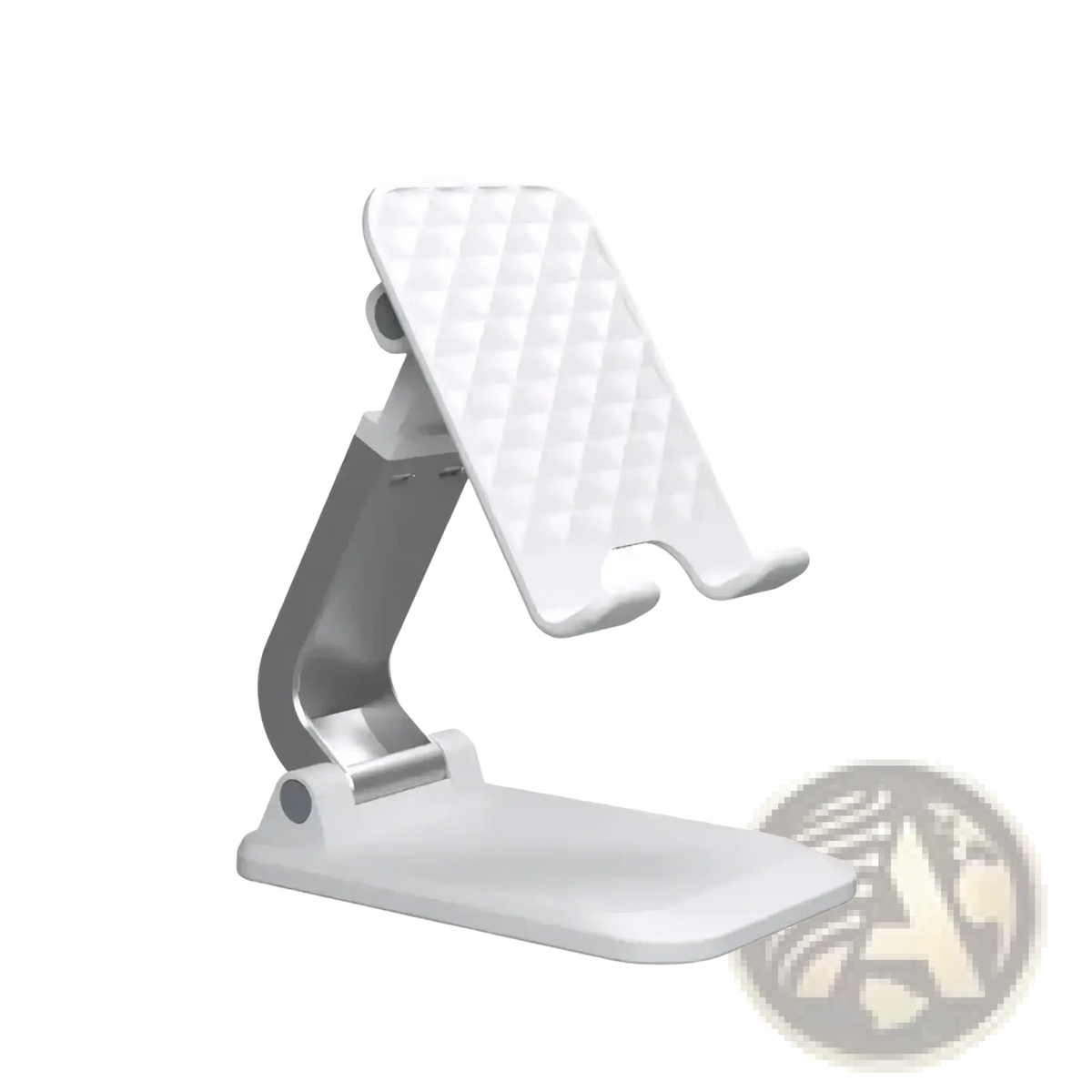 Adjustable desktop phone and tablet stand holder in white and silver with a textured diamond-patterned foldable design