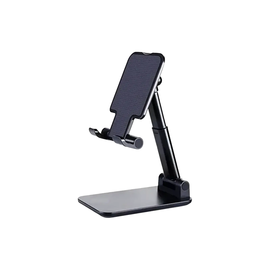 Adjustable desktop phone and tablet stand in black with a sleek minimalist design and matte finish