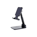 Adjustable desktop phone and tablet stand in black with a sleek minimalist design and matte finish
