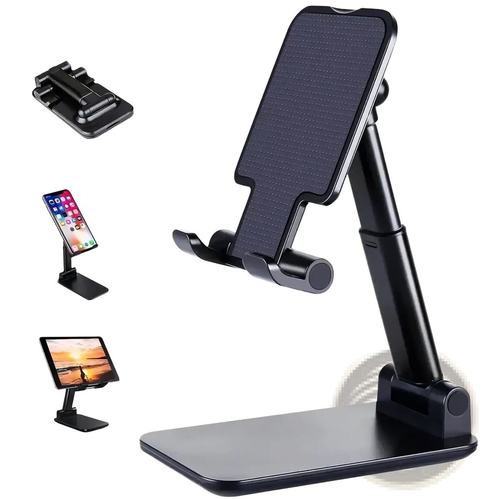 Black adjustable phone and tablet stand with a textured grip surface.