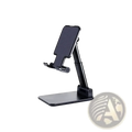 Adjustable desktop phone and tablet stand in black with a sleek minimalist design and matte finish