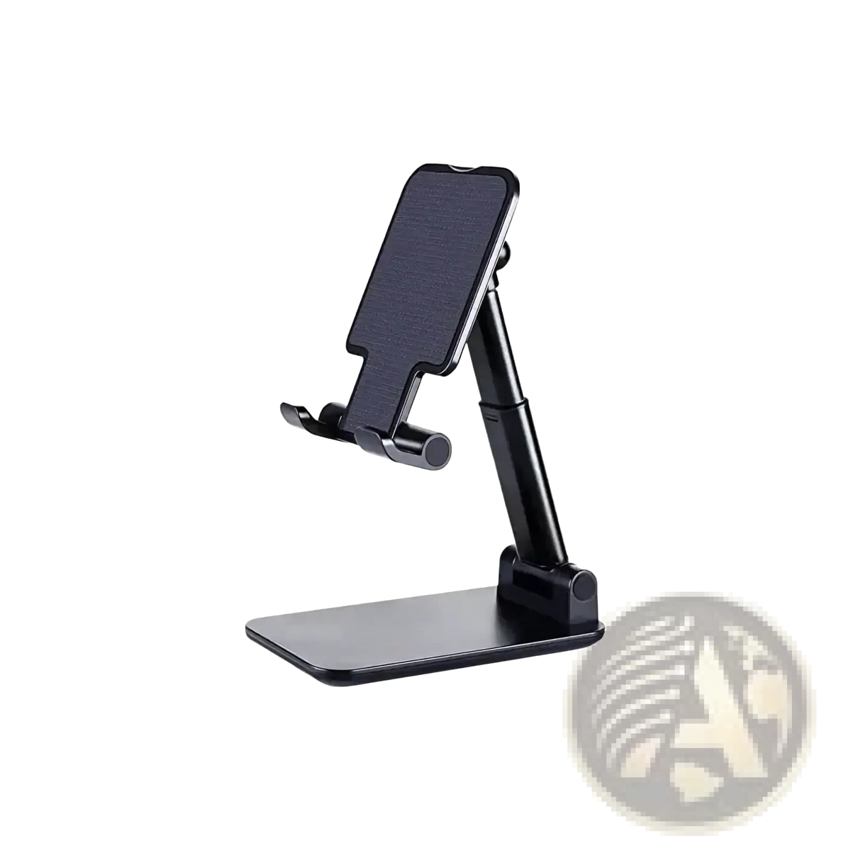 Adjustable desktop phone and tablet stand in black with a sleek minimalist design and matte finish