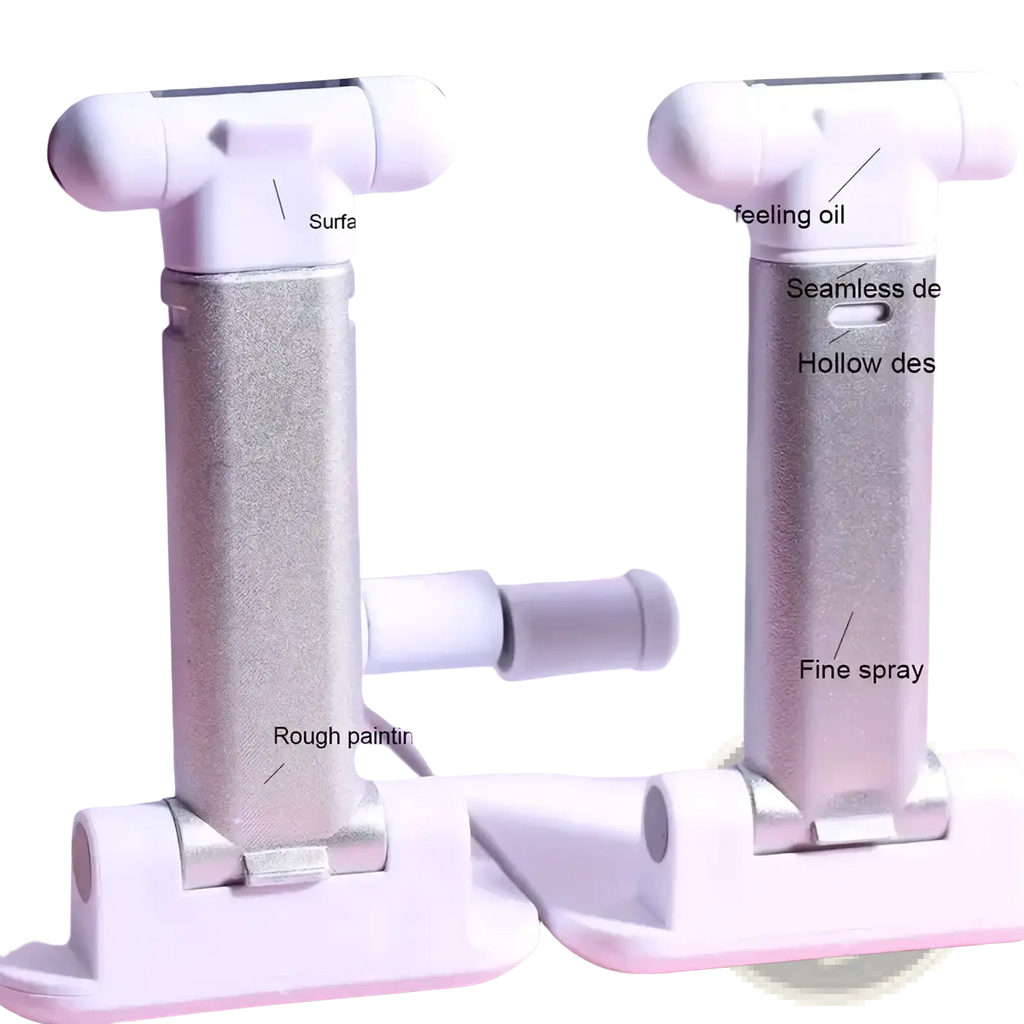 Adjustable desktop phone and tablet stand in silver with sleek metal arms and white plastic bases and joints