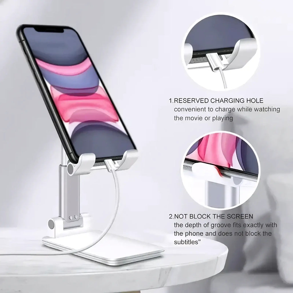 Silver metallic adjustable desktop phone and tablet stand with built-in charging port for convenient media viewing