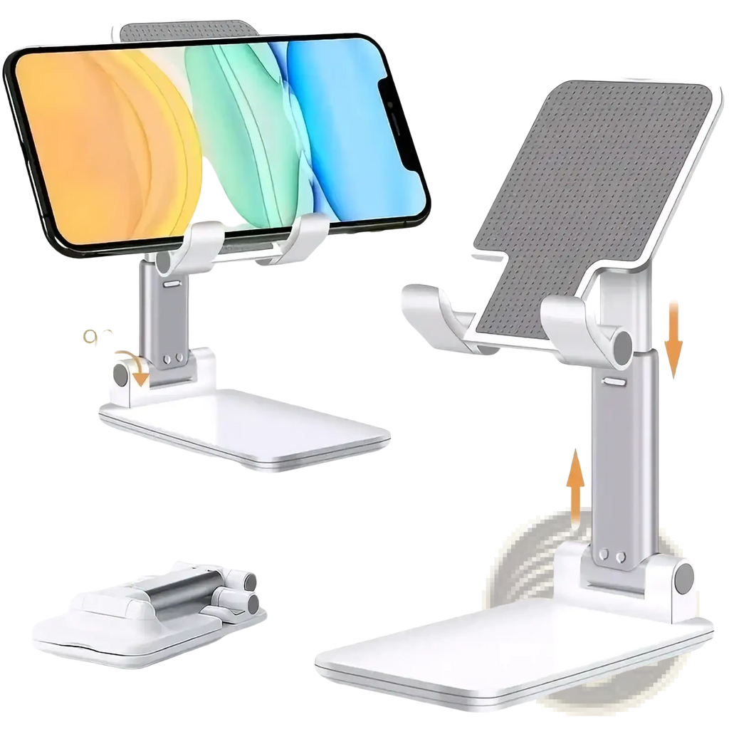 Adjustable desktop phone and tablet stand in silver with white textured grip surface for secure device support