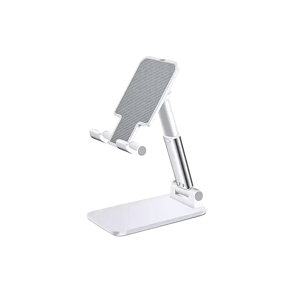 Adjustable desktop phone and tablet stand in silver with white accents and textured grip surface for stability