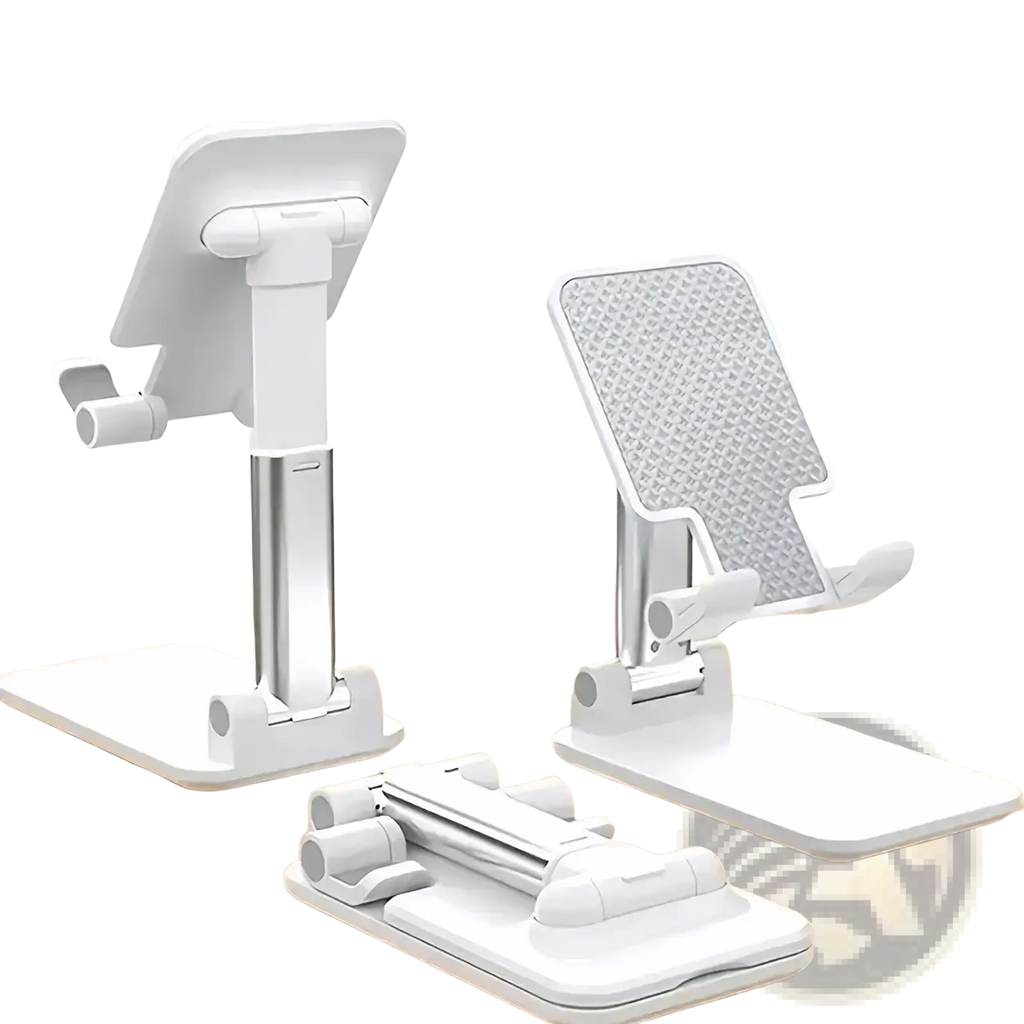 Adjustable desktop phone and tablet stand in white and silver with foldable design and textured grip surface