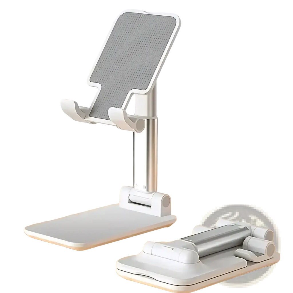 Adjustable desktop phone and tablet stand in silver with a foldable design and textured gray grip surface