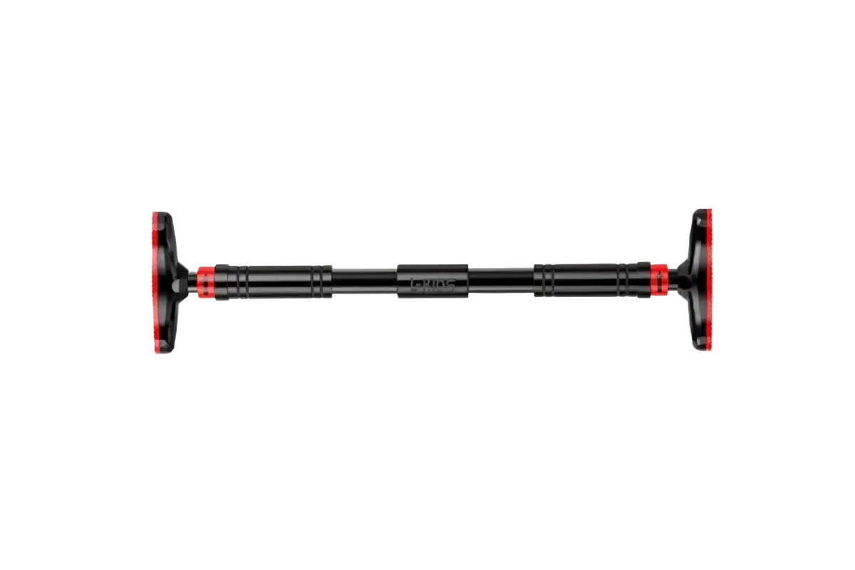 Adjustable black and red telescopic pull up bar for door frame mounting designed for home fitness use