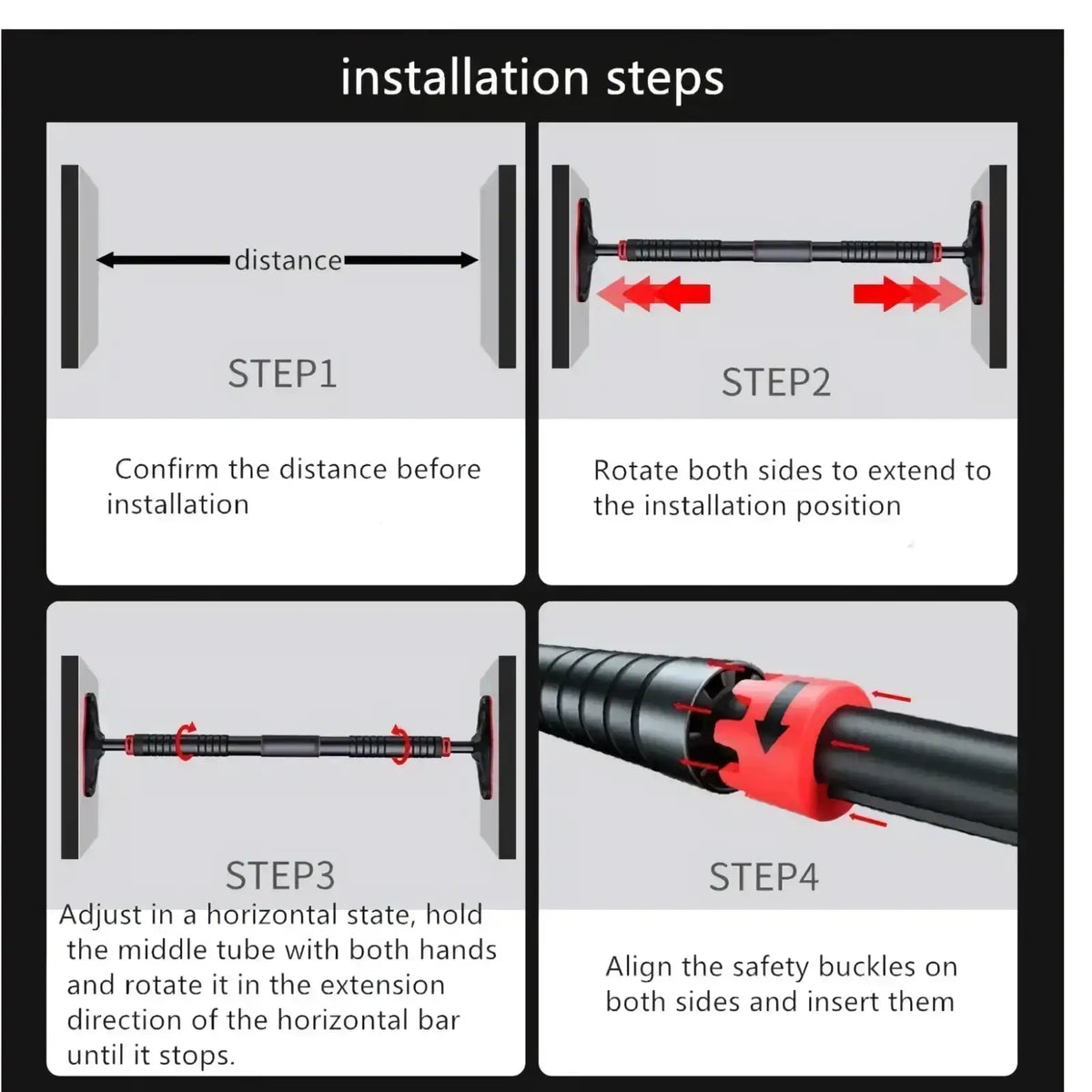 Adjustable doorway pull up bar in black and red with safety buckles for secure home fitness workouts