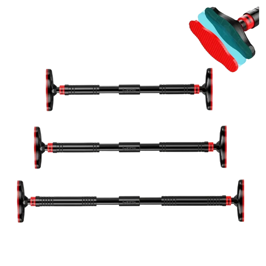 Adjustable doorway pull up bar in black and red with textured grips for home fitness wall mounting
