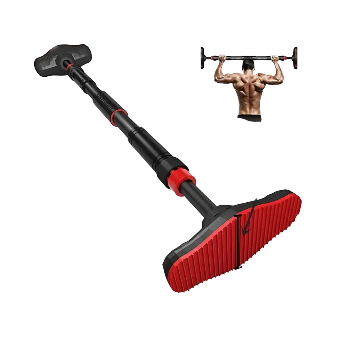 Adjustable doorway pull up bar in black and red with textured grip surfaces for home fitness workouts