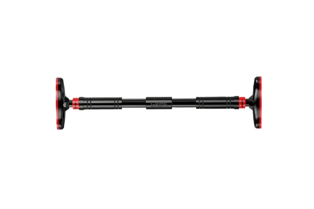 Adjustable doorway pull up bar in black and red with textured grip handles for home fitness workouts